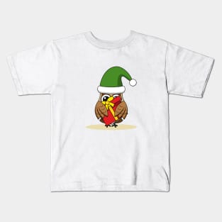 Christmas Elf Owl with Present Kids T-Shirt